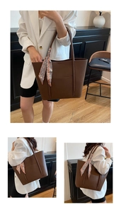 Detail of brown faux leather tote bag with vintage geometric scarf handle decoration