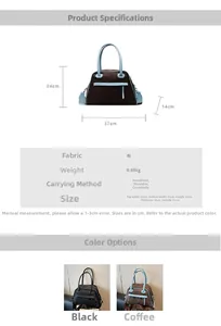 Detailed size chart for large color-block travel tote with dimensions and fabric specs