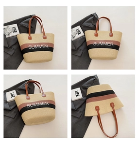 Detailed views of a straw tote bag with SUMMER embroidery and chic contrast stripes