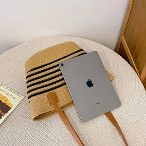 Detailed interior view of a striped woven tote bag showing large capacity for an iPad