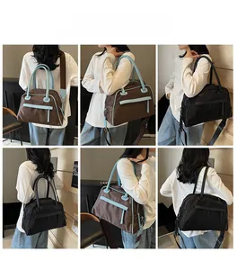 Collage of model carrying large travel bags in contrast colors and classic black fabric
