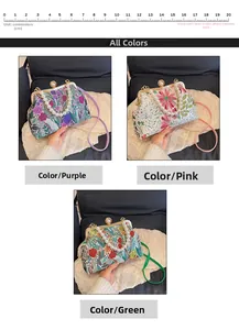 Detail of floral clutch bags in purple, pink, and green with pearl handles and straps