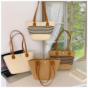 Woven Straw Tote Bag Large Capacity Striped Handbag Artificial Pearl Buckle PU Leather Handles Summer Beach Vacation Shoulder Bag
