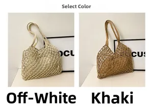 Detailed view of woven net bags in cream and khaki with drawstring liners on a minimalist desk