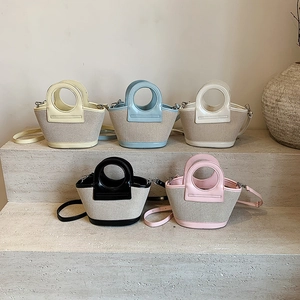 Patchwork Woven PU Leather Crossbody Bag Fashion Handbag Round Handle Small Bucket Shoulder Underarm Bag For Women