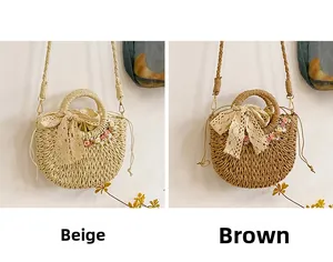 Detail of woven straw bag with floral lace bows and dual handles in beige and brown