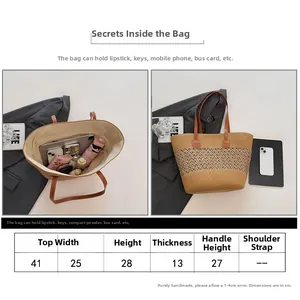 Size chart and capacity detail of straw tote bag with dimensions and daily items layout