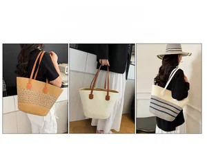 Straw tote bags with PU handles showing brown patterns, beige weave, and blue stripes