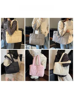 Quilted tote bag detail showing various colors including beige, grey, black, pink, and white