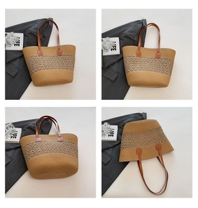 Detailed four-way view of a straw tote bag with leather straps and woven patterns