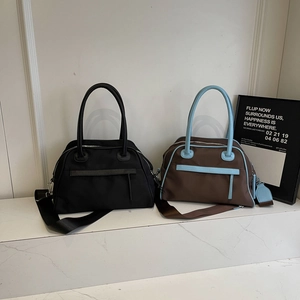 Large Capacity Nylon Boston Bag For Women Simple Casual Handbag With Synthetic Leather Trim Wide Adjustable Shoulder Strap