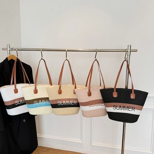 Summer Beach Straw Tote Bag Large Capacity Woven Handbag With PU Leather Handle Striped Letter Embroidery Casual Vacation