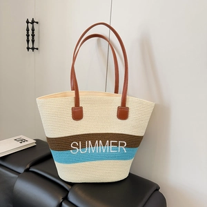 Large capacity woven straw tote bag with Summer embroidery and leather handles for beach