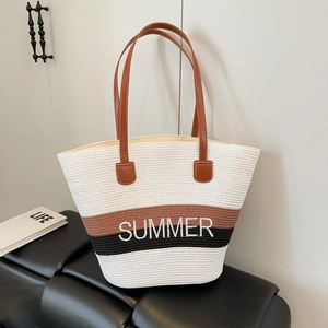 Large summer straw tote bag with striped pattern and SUMMER embroidery for beach travel