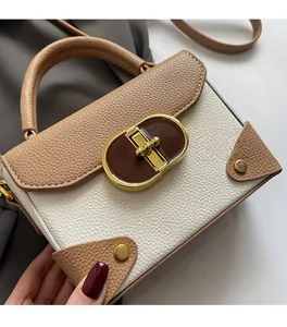Detailed close-up of color-block leather texture and large gold buckle on top handle bag