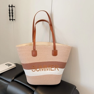 Large striped straw beach tote bag with Summer embroidery and brown leather straps