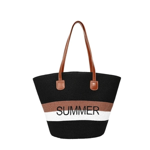 Large striped straw tote bag with SUMMER embroidery and brown faux leather handles