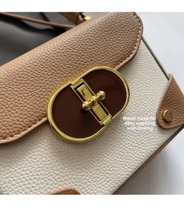 Detail showing the elegant metal twist lock and bicolor leather texture of the bag