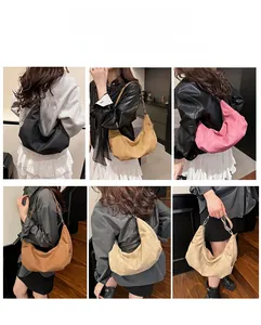 Collage of leather dumpling bags in five colors showing crossbody and shoulder styles