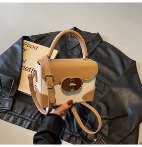 Detail of the litchi texture material and golden metal oval twist lock on a contrast bag