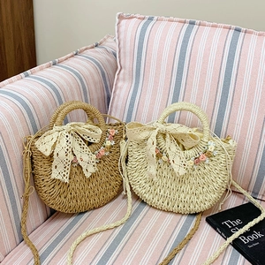 Women Straw Woven Handbag Lace Bow 3D Flowers Summer Beach Vacation Crossbody Bag Semi Circular Pastoral Style