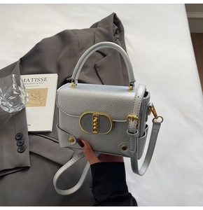 Detail of silver pebble grain handbag featuring gold-tone lock and adjustable strap
