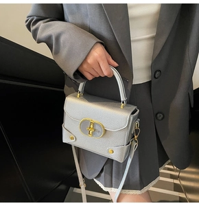 Detail of silver lychee texture leather mini bag with gold hardware worn by a model