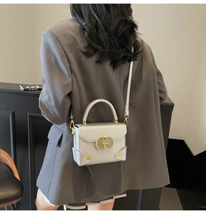Detail of silver gray litchi texture square bag with gold metal buckle and rivets