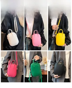 Detailed grid showing vibrant crossbody bags in six colors being worn by a model