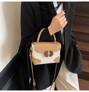 Detail of contrast color square bag with litchi grain leather and vintage gold clasp