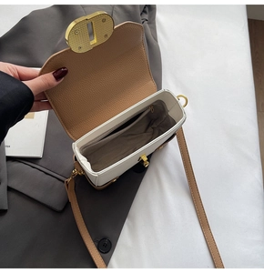 Detail view of contrast color handbag interior with high quality texture and golden lock