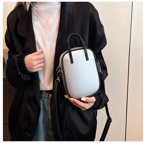Chic silver mini crossbody bag with black trim worn on shoulder for daily commute