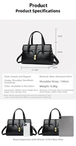 Detailed size guide of black crocodile pattern handbag with dimension comparison