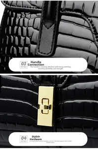 Detail of black crocodile embossed patent leather with golden twist lock and stitching