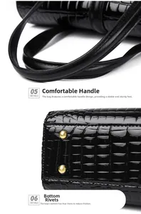 Detail of black crocodile texture bag with padded handles and protective gold bottom studs