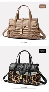 Detail of khaki crocodile pattern and leopard print crossbody bags with gold metal clasps