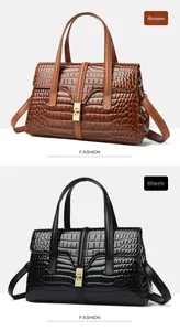Detail of crocodile pattern embossed tote bags in black and brown with gold twist locks