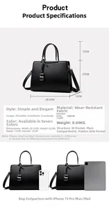 Dimensions détaillées du sac à main noir en cuir avec comparaison de taille iPad et iPhone