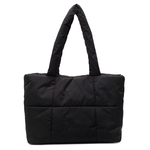 Chic black quilted puffer tote bag with a spacious interior for everyday fashion commute