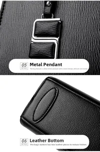 Détails du pendentif en métal argenté et du fond en cuir renforcé d'un sac noir