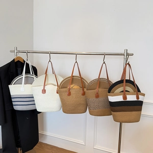 Women Straw Woven Tote Bag And Matching Sun Hat Large Capacity Beach Summer Holiday Travel Minimalist Striped Handbag