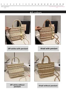 Straw woven bags in beige and khaki featuring tulip charms and intricate hollow patterns