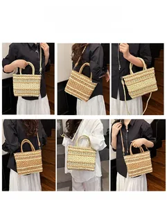 Straw woven handbag collage showing multiple carrying styles and striped texture details