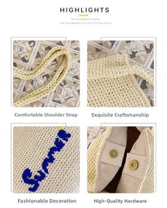 Detail view of woven shoulder strap, straw texture, summer embroidery, and magnetic buckle