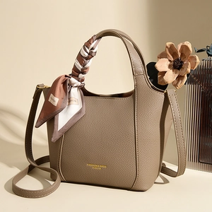 Retro large capacity tote bag in brown lychee leather with silk scarf handle detail