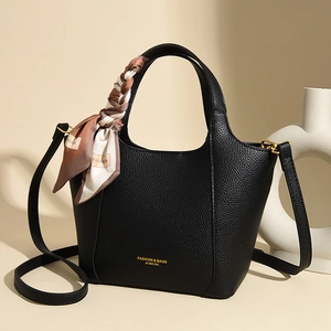 Large black vintage tote bag with lychee pattern leather and decorative fashion scarf