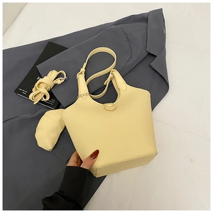 Lemon yellow bucket bag set with litchi texture PU leather and moon-shaped coin purse