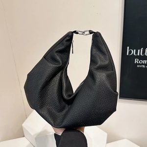 Minimalist black faux leather crescent hobo bag with silver chain strap decoration