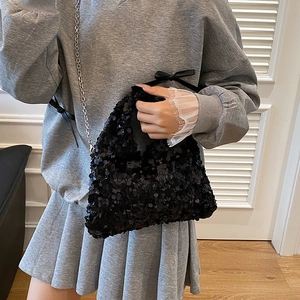 Chic black sequin underarm bag for women with silver chain strap and sparkling finish
