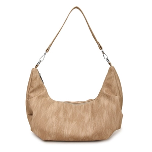 Soft khaki hobo bag with pleated leather texture and silver hardware for casual commute